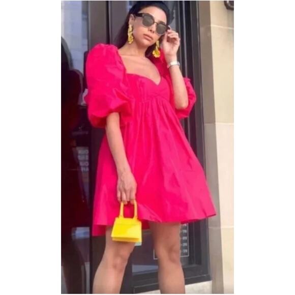 Zara Blogger's Fave Pink Puffed Sleeve Babydoll Mini Dress size L - Picture 11 of 12